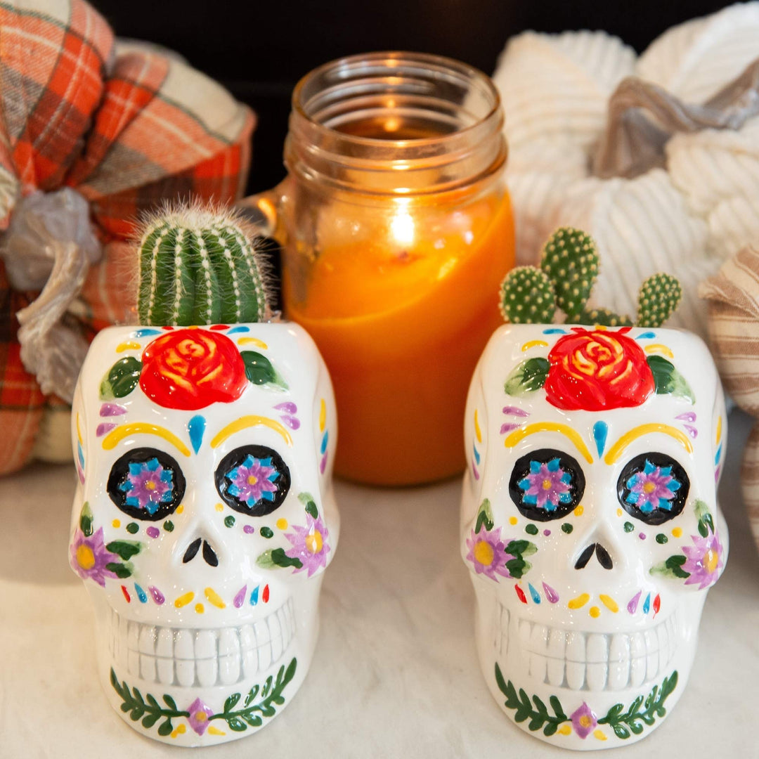 Day of The Dead Colorful Planter Set 2 Multi Color Ceramic Natural Finish