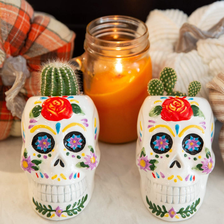 Day of The Dead Colorful Planter Set 2 Multi Color Ceramic Natural Finish
