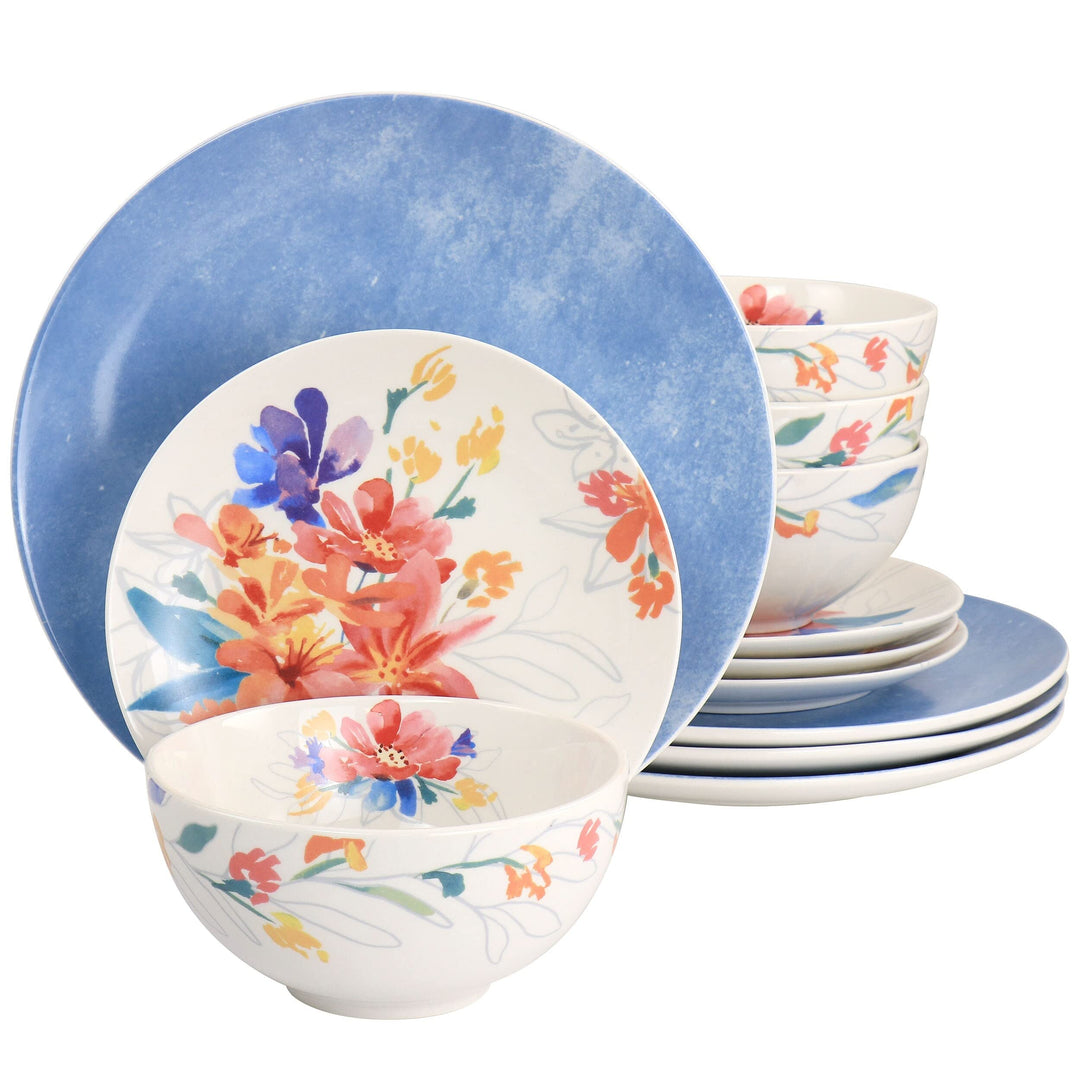 Blossom 12 Pc Ceramic Dinnerware Set In Blue Pc Floral Casual Round Piece