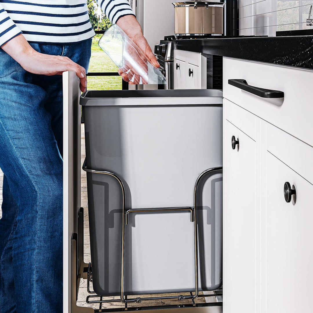 30l Resin Pull Out Kitchen Waste Containers with Lid Grey Metal Plastic - Diamond Home USA