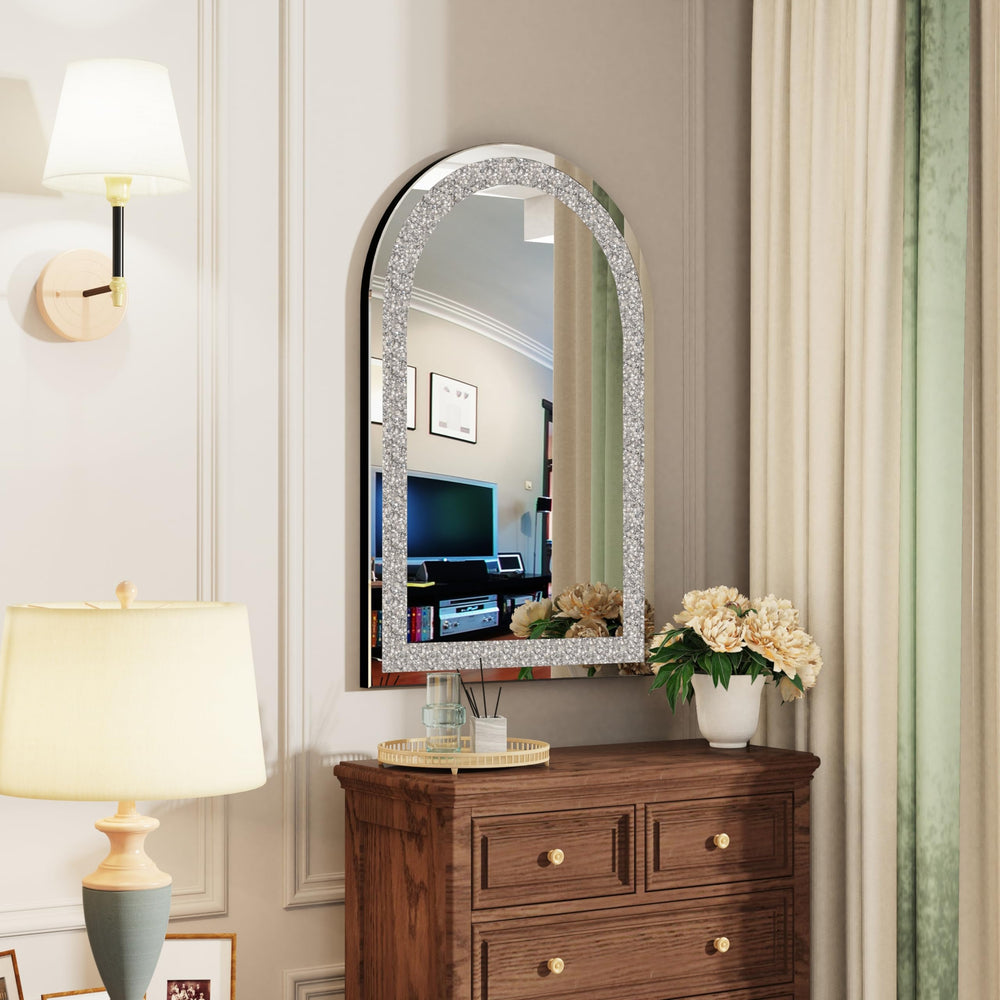Crushed Diamond Long Arch Top Glass Mirror Silver Modern Contemporary Frameless - Diamond Home USA