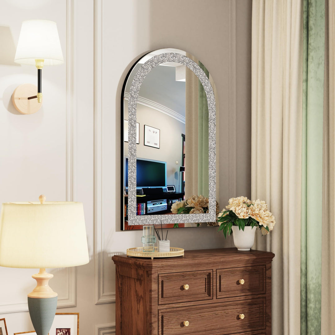 Crushed Diamond Long Arch Top Glass Mirror Silver Modern Contemporary Frameless - Diamond Home USA