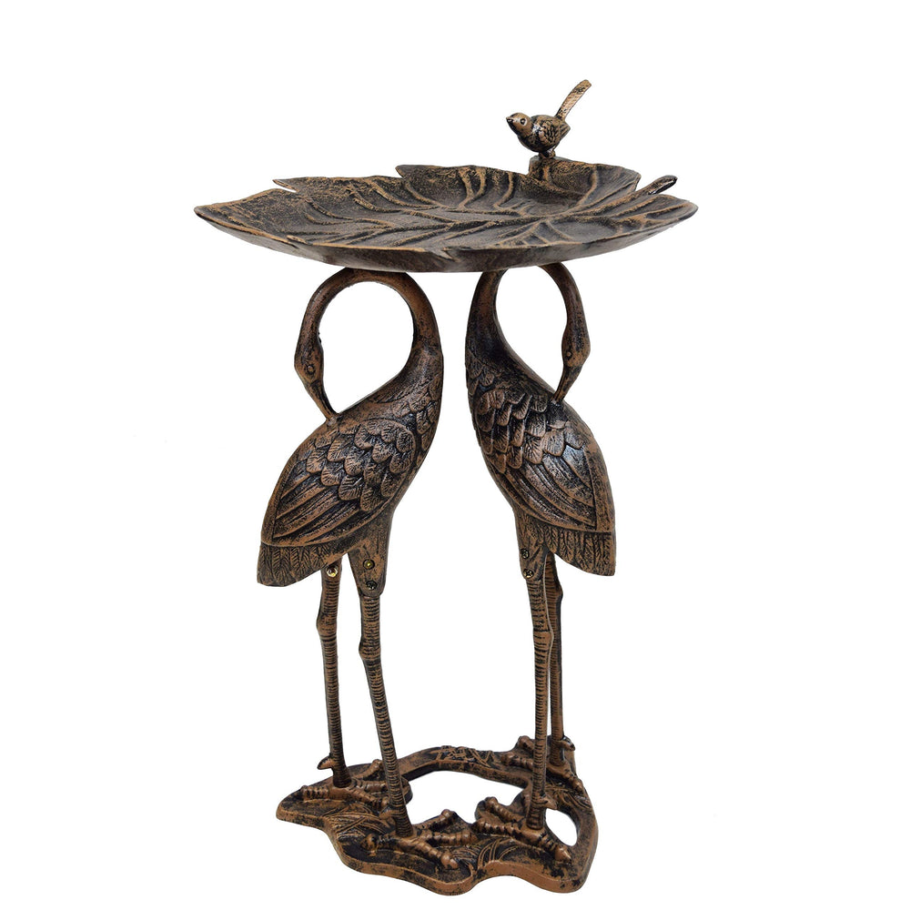 Bronze Iron and Metal Lily Cranes Bird Bath Brown Gold Pedestal - Diamond Home USA