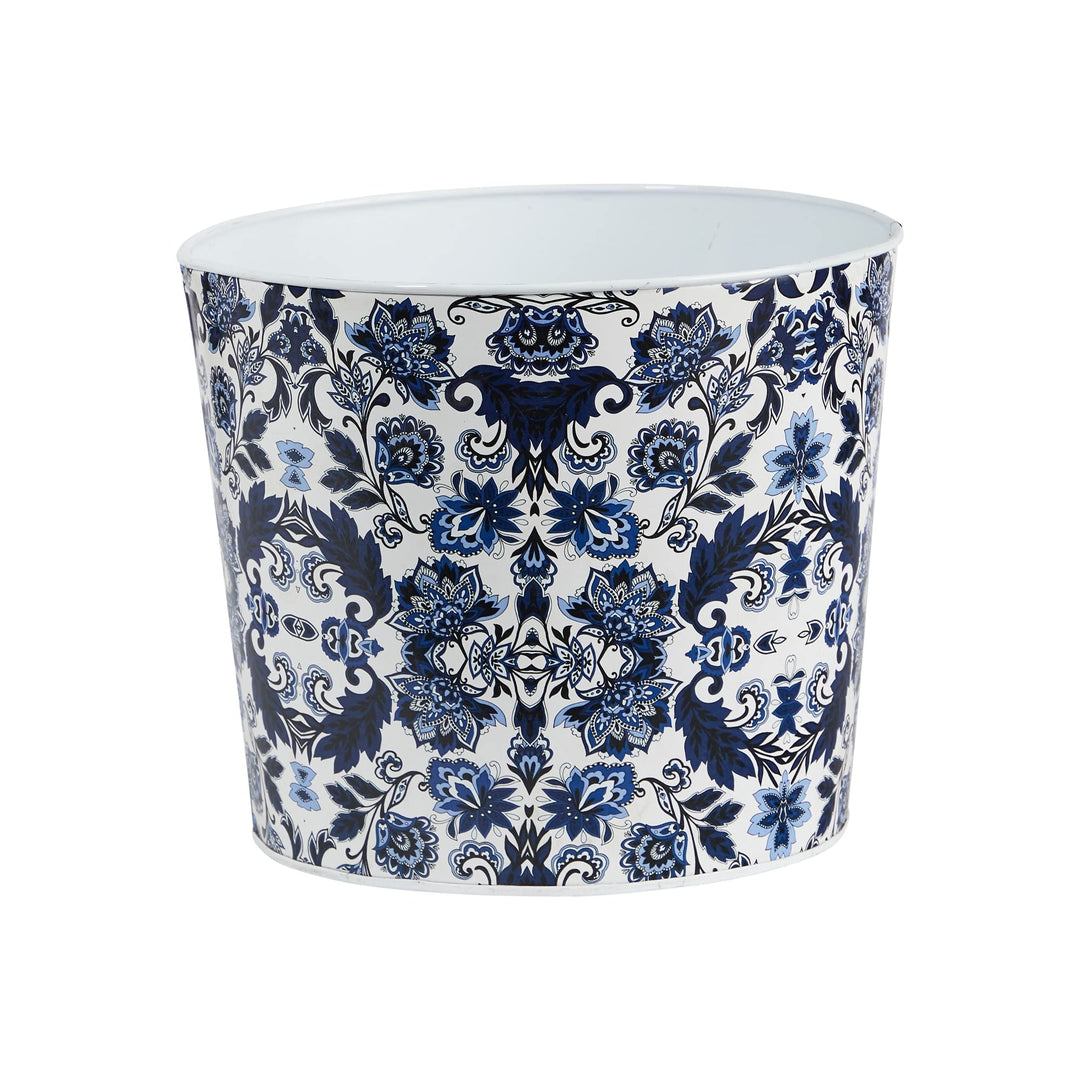 12" Oriental Blue and White Classic Round Metal Planter Traditional Distressed