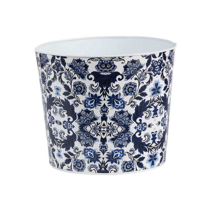 12" Oriental Blue and White Classic Round Metal Planter Traditional Distressed