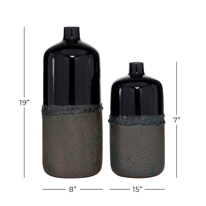Round Black Glazed Ceramic Vase with Grey Dipped Textured Body Set of 2 15" - Diamond Home USA