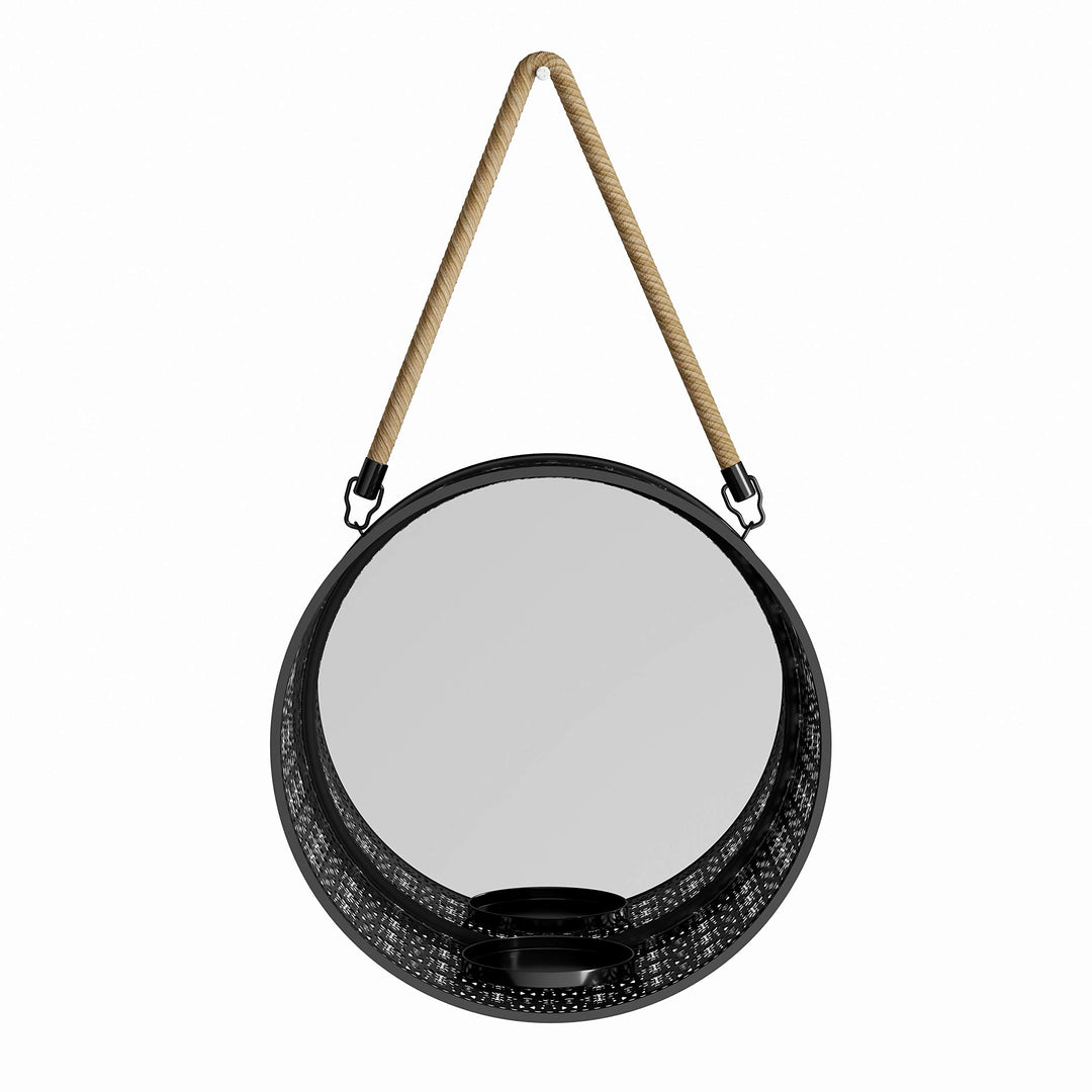 Tall Oak Round Mirror Pillar Candle Sconce with Filigree Metal Frame and Hanging - Diamond Home USA