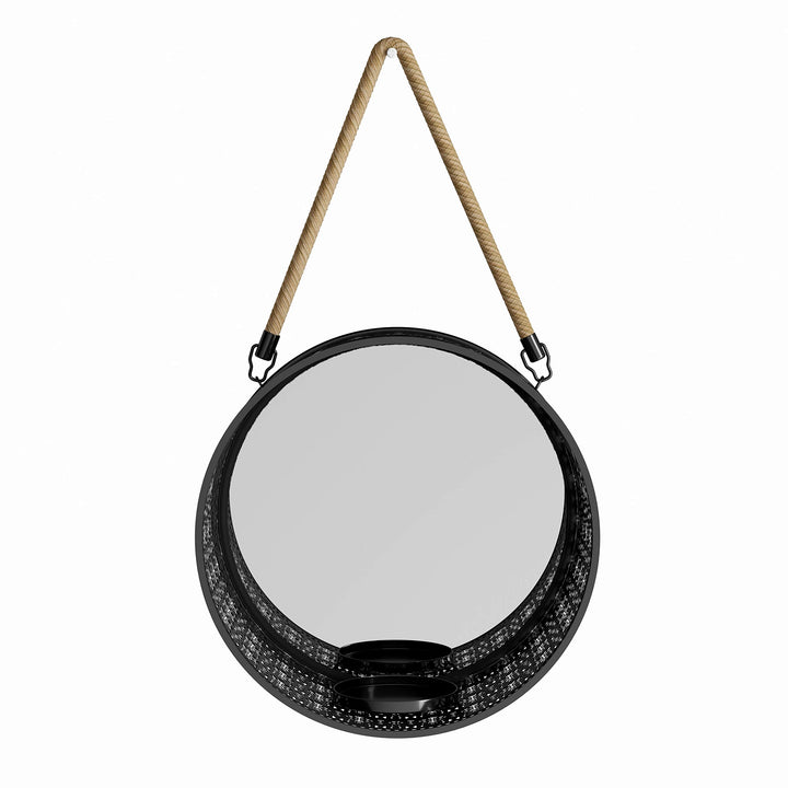 Tall Oak Round Mirror Pillar Candle Sconce with Filigree Metal Frame and Hanging - Diamond Home USA