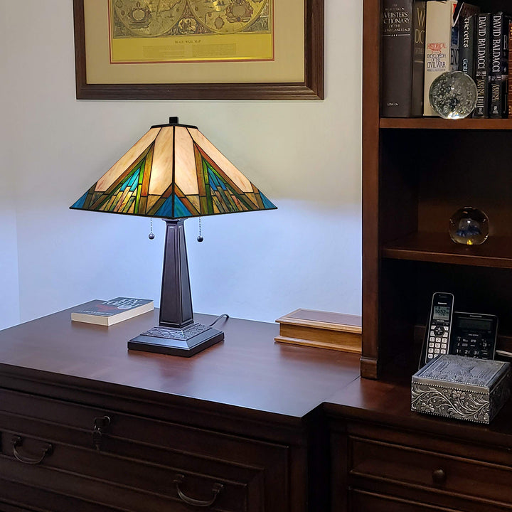 Tiffany Style Table Lamp Banker Mission 22" Tall Stained Glass Ivory Green - Diamond Home USA