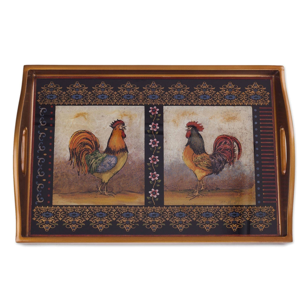 Handmade Crowing Roosters Reverse Painted Glass Tray (Peru) 2.4" H X 17.75" W - Diamond Home USA