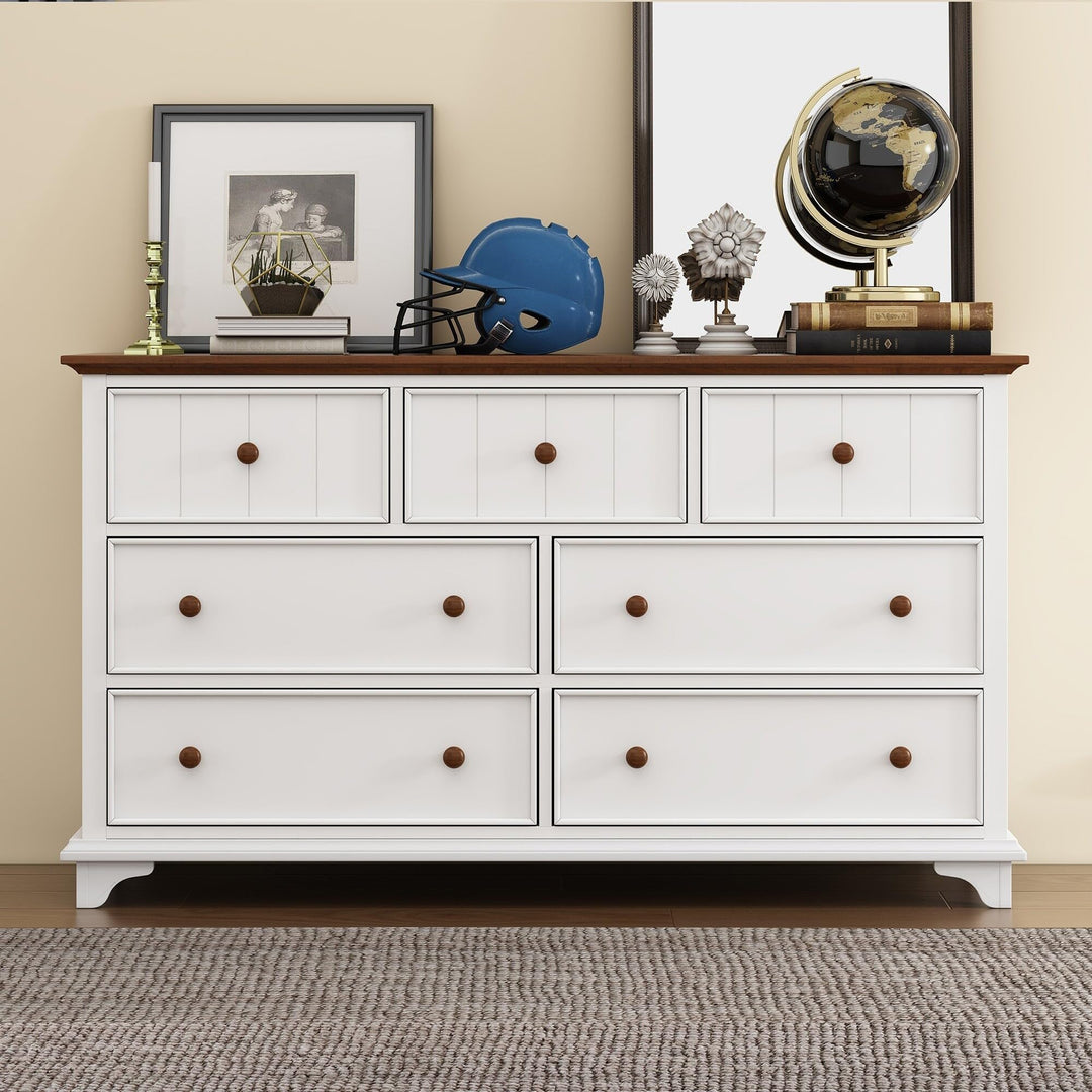 7-Drawer Wood Horizontal Dresser in White and Walnut Mission Craftsman MDF Pine