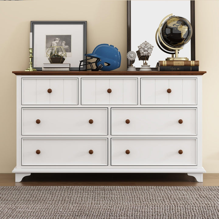 7-Drawer Wood Horizontal Dresser in White and Walnut Mission Craftsman MDF Pine