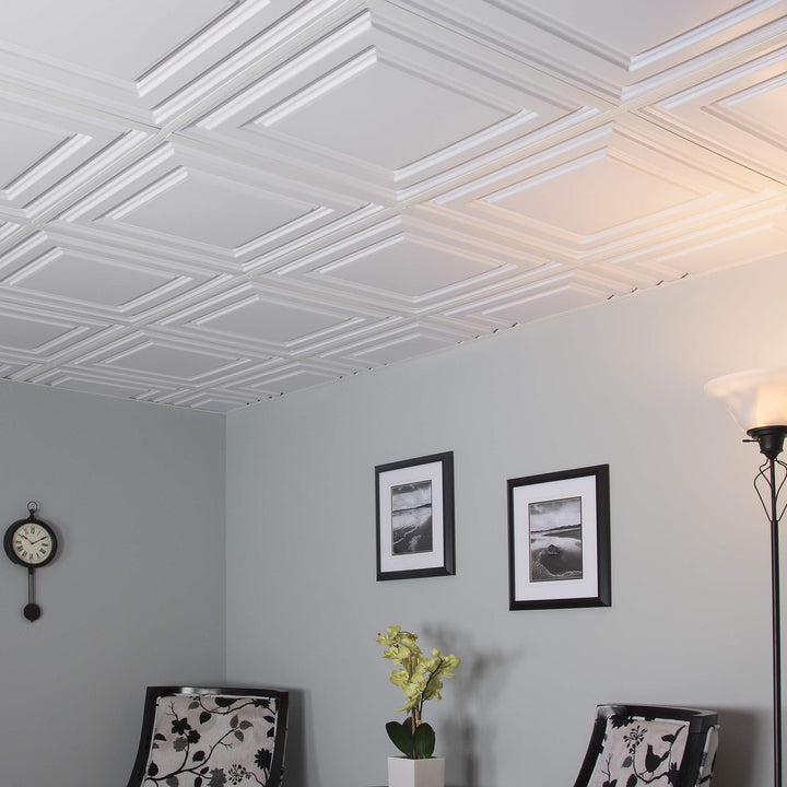 Genesis 2ft x 2ft White Icon Relief Ceiling Tiles Easy DropIn Installation Pack of 12 - Diamond Home USA