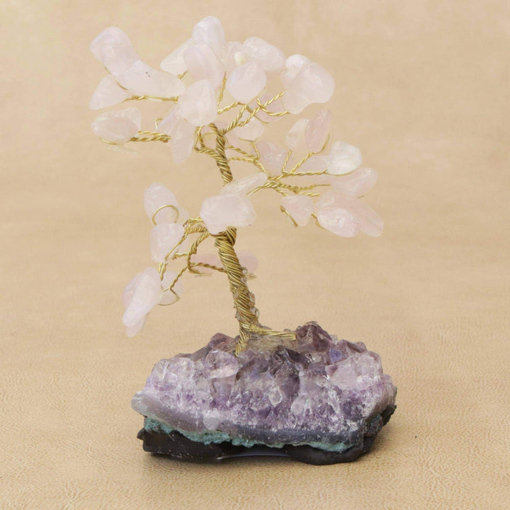 Handmade Sweet Leaves Rose Quartz Gemstone Tree (Brazil) 3.9" H X 2.4" W 2" D - Diamond Home USA
