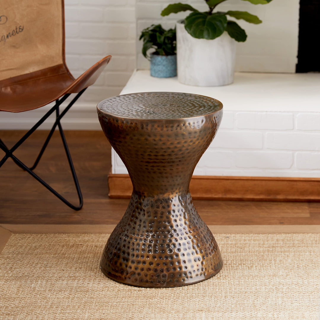 Bronze Metal Hammered Accent Table with Hourglass Shape Brown Industrial Iron
