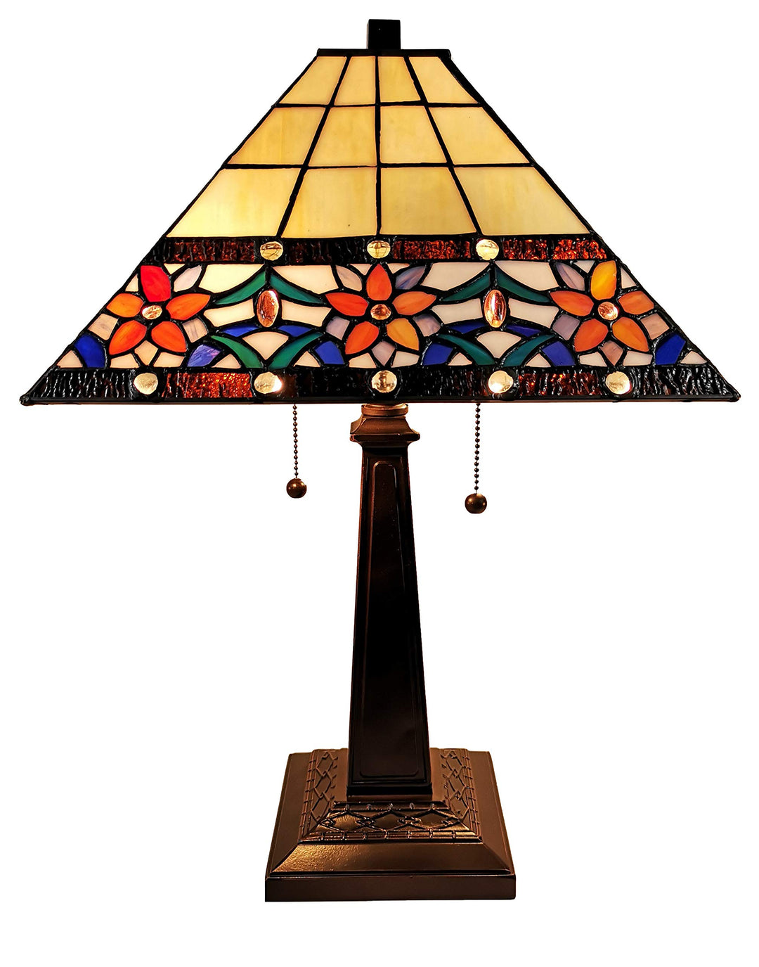 Tiffany Style Table Lamp Banker Mission 23" Tall Stained Glass Blue White Tan - Diamond Home USA