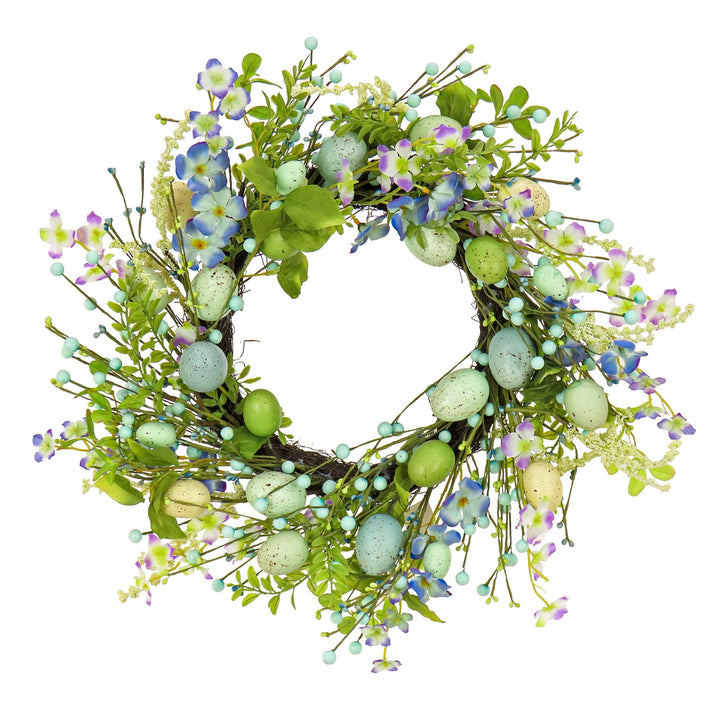 20" Flowering Blue and Green Easter Wreath Traditional Plastic