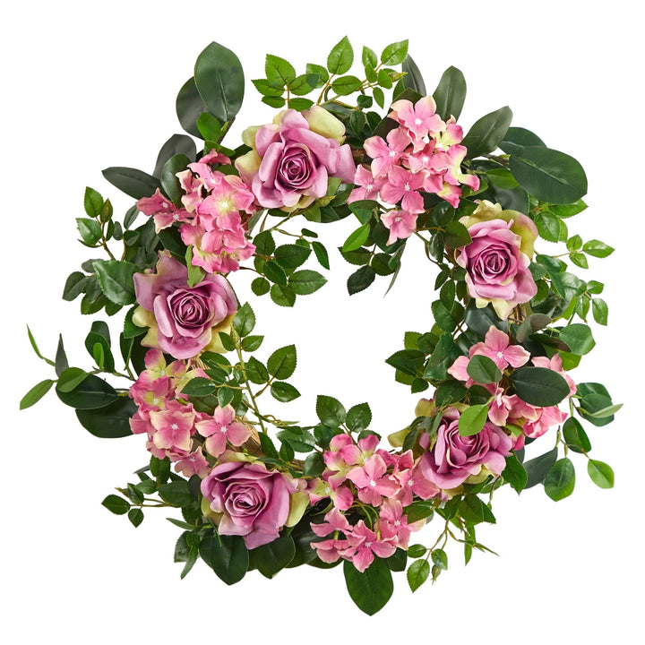 22" Pink Hydrangea and Rose Artificial Wreath Casual Polyester Unadorned