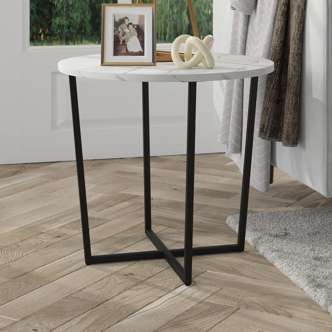22" Wide Round Side Table with Marble Top Black Modern Contemporary Metal