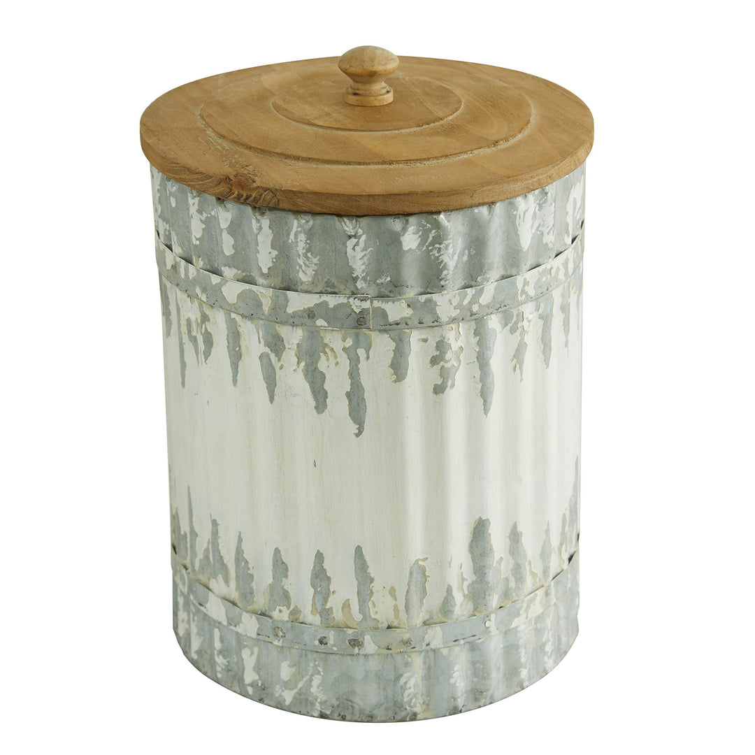 Round Distressed White Galvanized Metal Textured Canisters with Wood Lid Set - Diamond Home USA