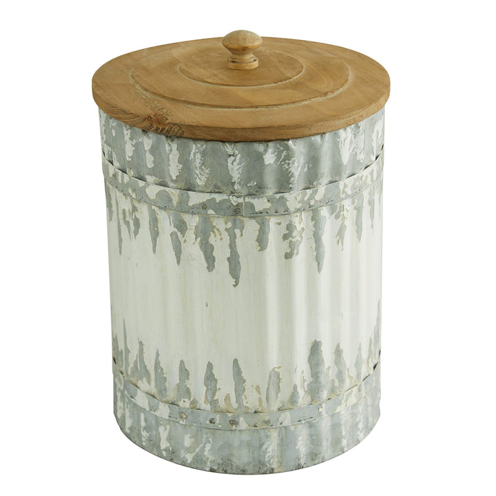 Round Distressed White Galvanized Metal Textured Canisters with Wood Lid Set - Diamond Home USA