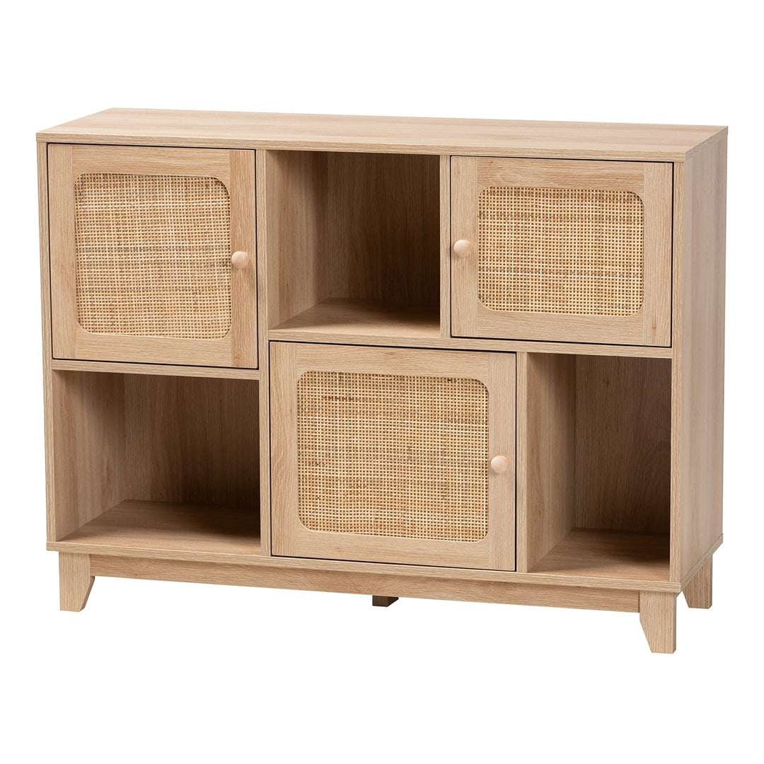 Mid-Century Modern Light Brown Finished Wood and Natural Rattan 3-Door Sideboard - Diamond Home USA