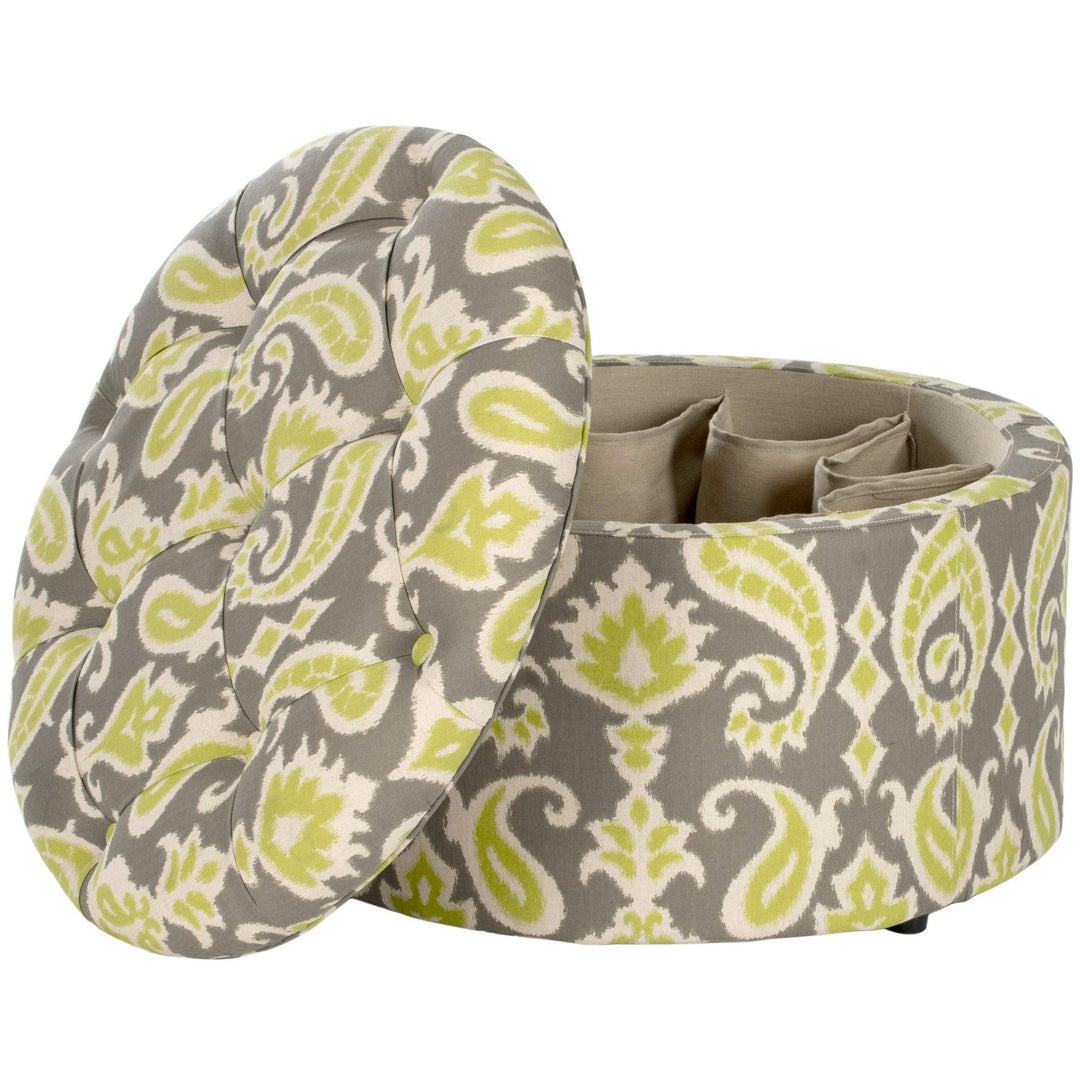 Grass Green Shoe Storage Ottoman Ikat Transitional Pattern Round Brass Metal