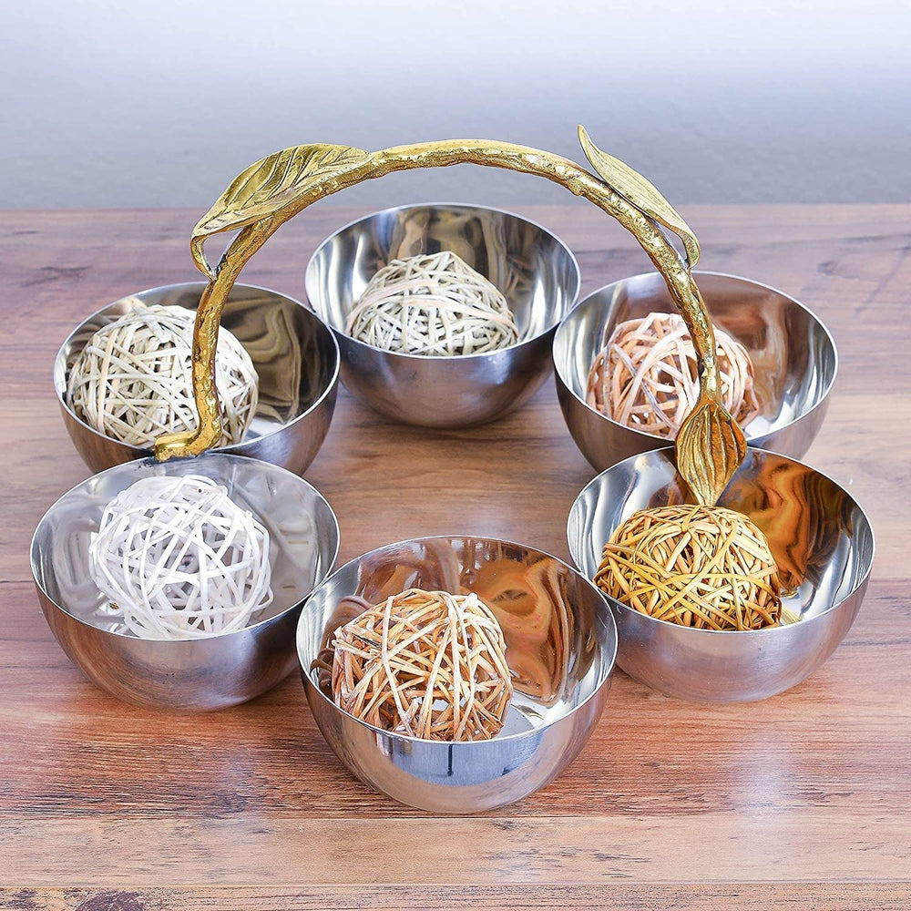 Shiny Polished Stainless Steel Six Sectional Serving Bowl With Gold Leaf - Diamond Home USA