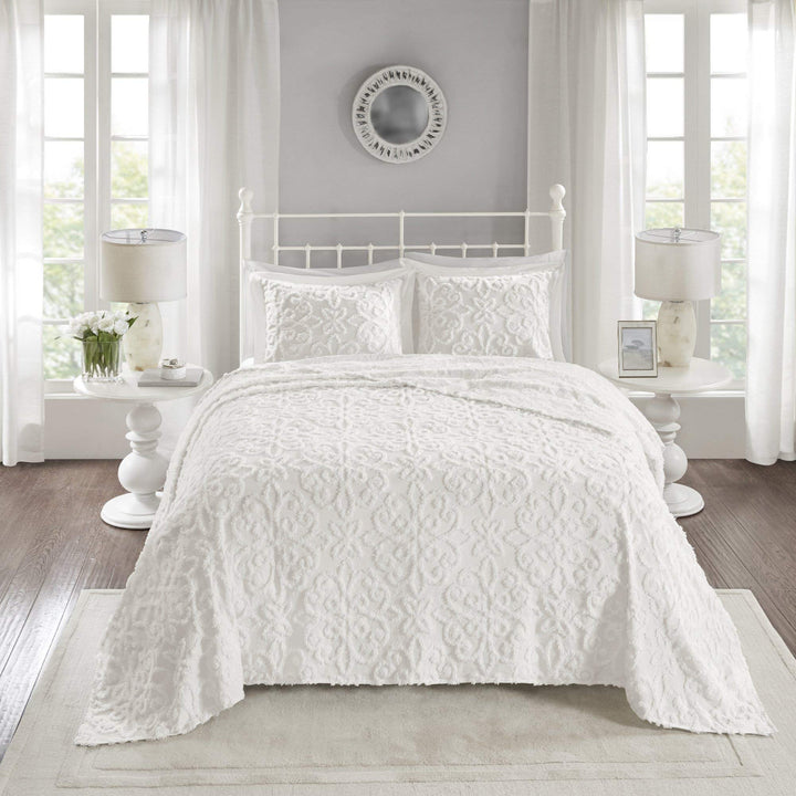 Oversized White Chenille Bedspread Full/Queen 102x118 Vintage Medallion Extra - Diamond Home USA