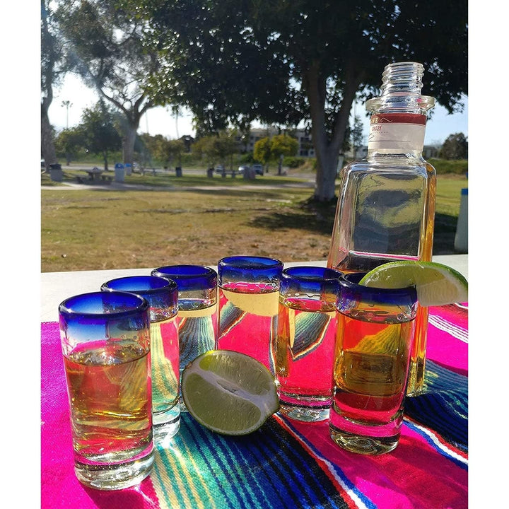 Hand Blown Mexican Tequila Shot sses Set Of 6 Cobalt Blue Rim (2 Oz Each) - Diamond Home USA