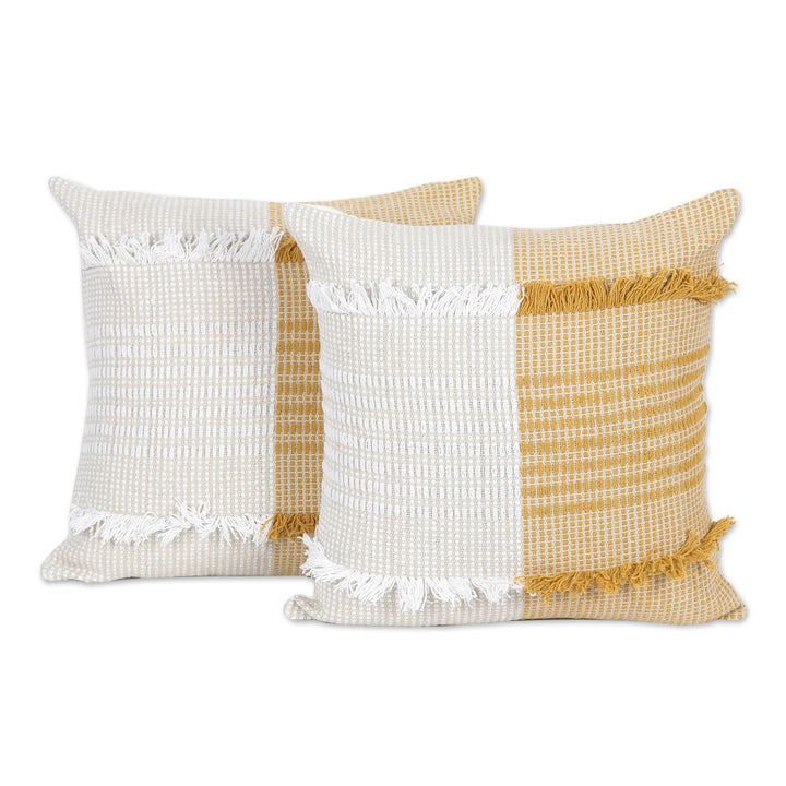 Handmade Delhi Honey Cotton Cushion Covers (Pair) White Motif Modern