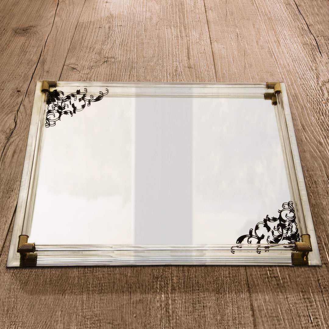 American Atelier Mirror Vanity Tray with Black Scrolls & Gold Accents-12x16 - Diamond Home USA