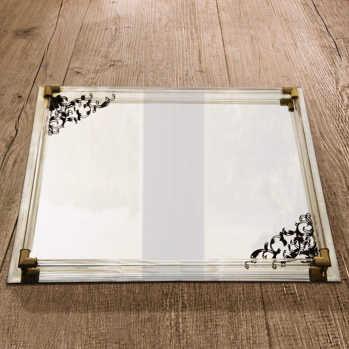 American Atelier Mirror Vanity Tray with Black Scrolls & Gold Accents-12x16 - Diamond Home USA