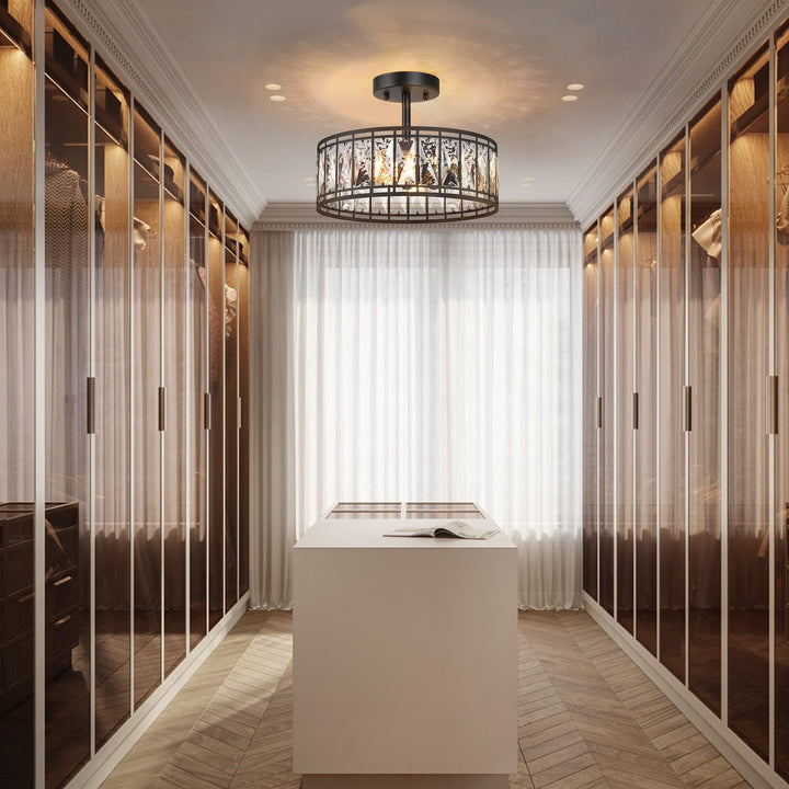 Modern 2-Light Crystal Drum Semi D12.5 x H 9.5" Black Mid-Century Contemporary - Diamond Home USA