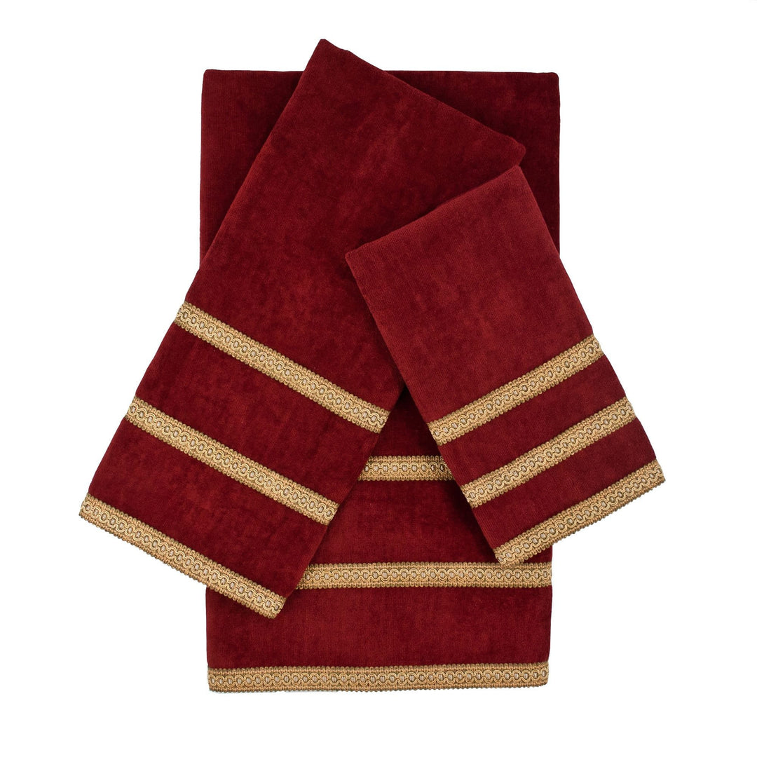 Triple Row Gimp Red 3-Piece Decorative Embellished Towel Set Gold Border