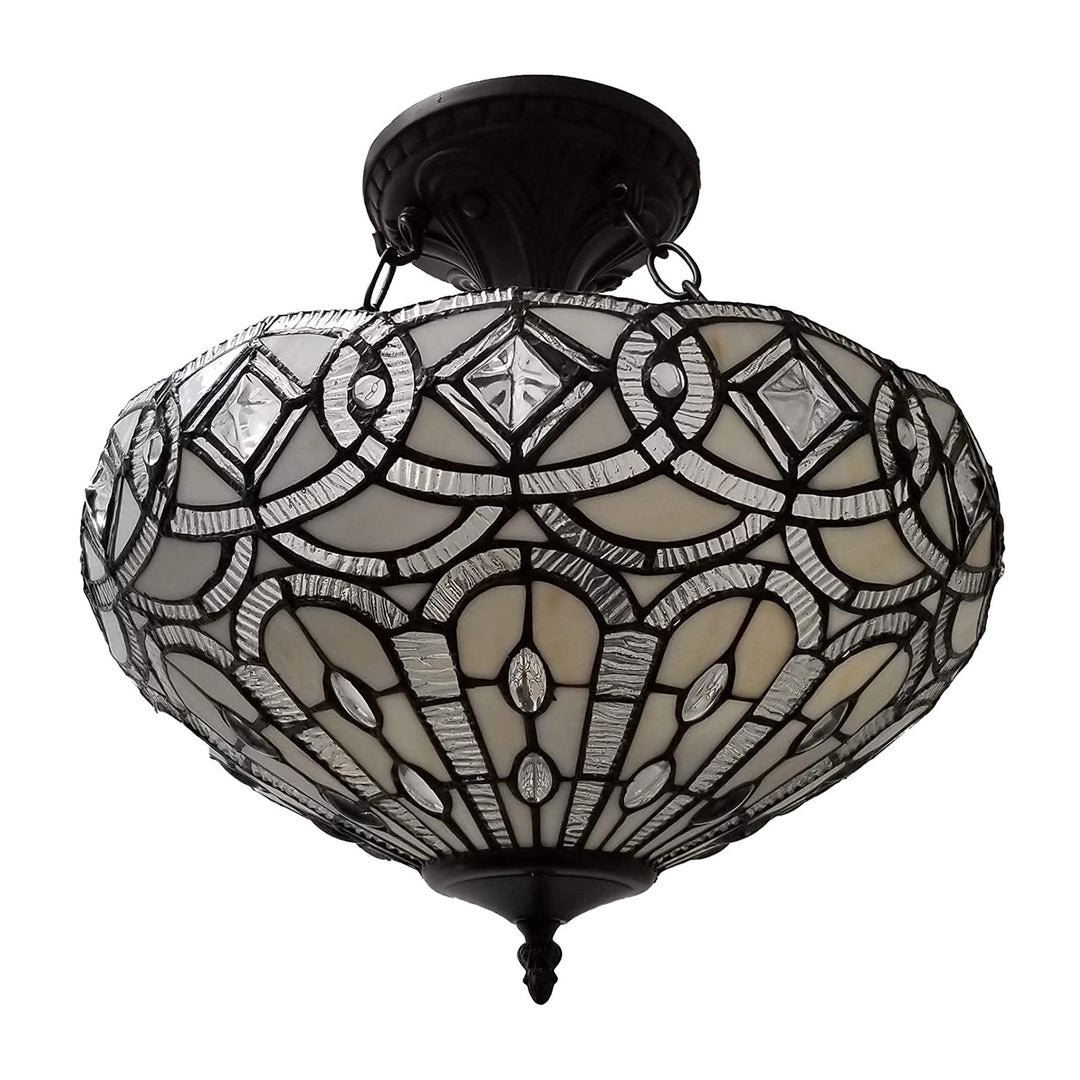 Amora Vintage Tiffany Style Ceiling Lamp - 16” x 17” White Jeweled Stained Glass