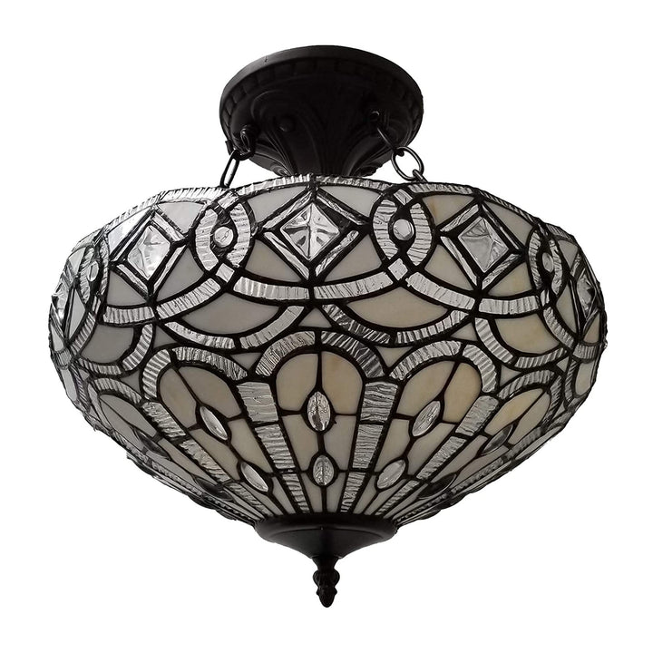 Amora Vintage Tiffany Style Ceiling Lamp - 16” x 17” White Jeweled Stained Glass