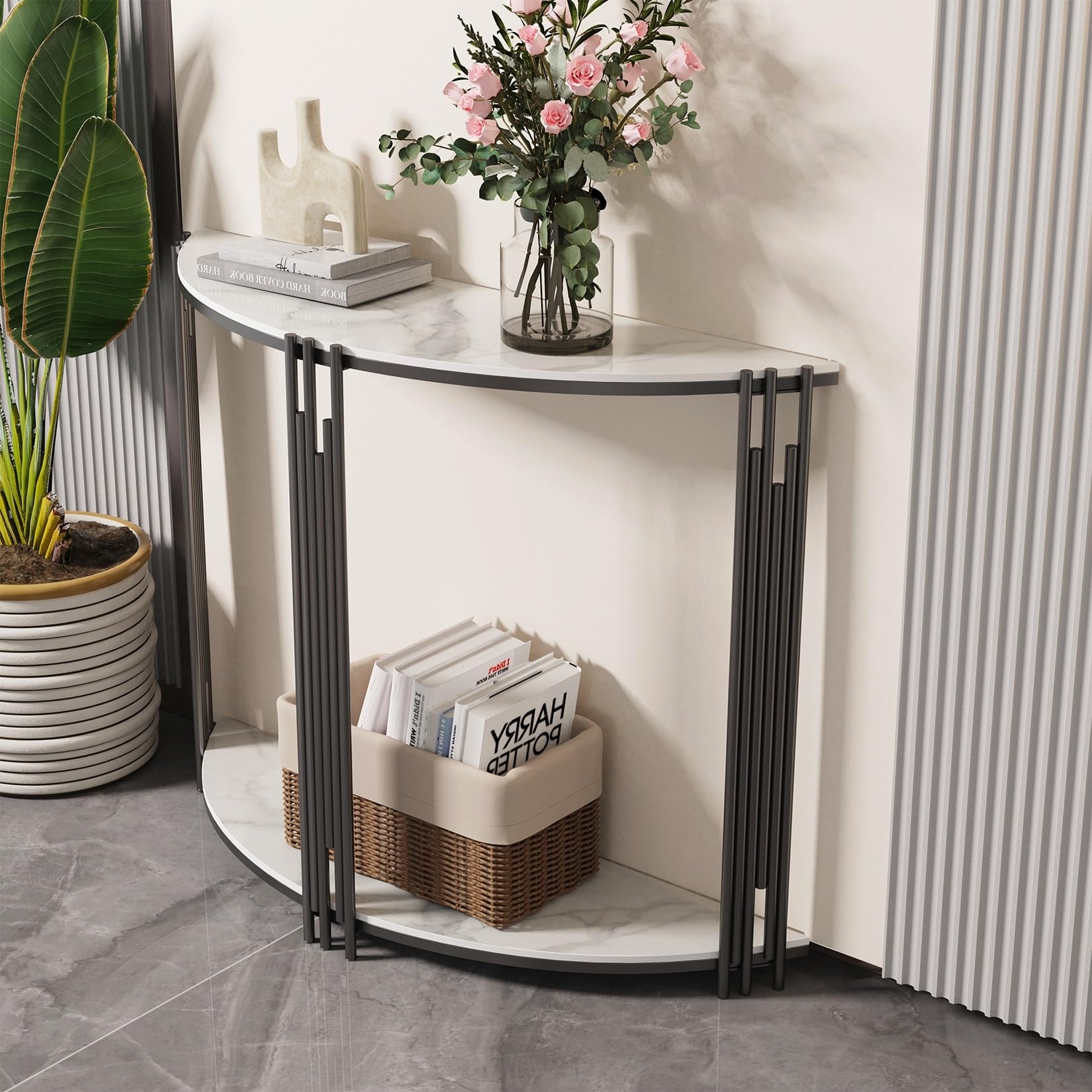 Modern Half Moon Console Table Hallway Side 2 Tier White Classic Semi Circle Diamond Home USA