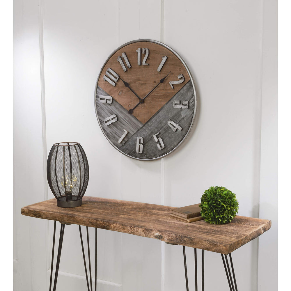 Rustic Wall Clock Brown Grey Farmhouse Industrial Iron Wood - Diamond Home USA