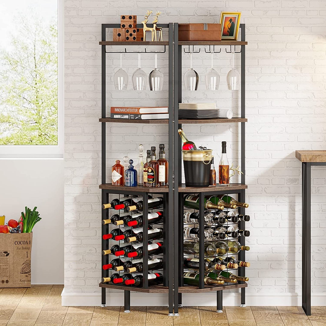 4 Tier Corner Wine Rack with Glass Holder and Bar Shelf Storage Brown Industrial - Diamond Home USA
