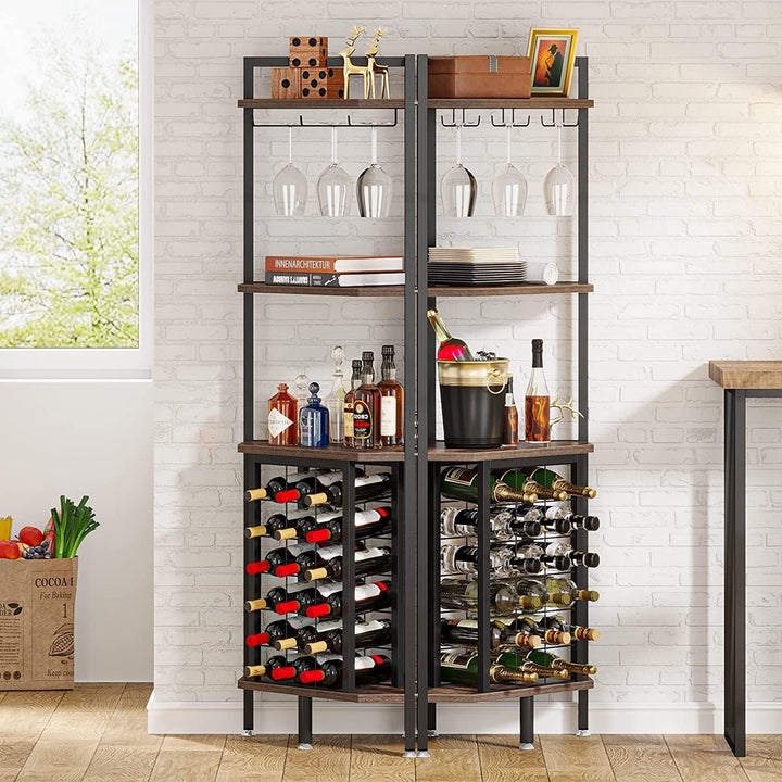 4 Tier Corner Wine Rack with Glass Holder and Bar Shelf Storage Brown Industrial - Diamond Home USA