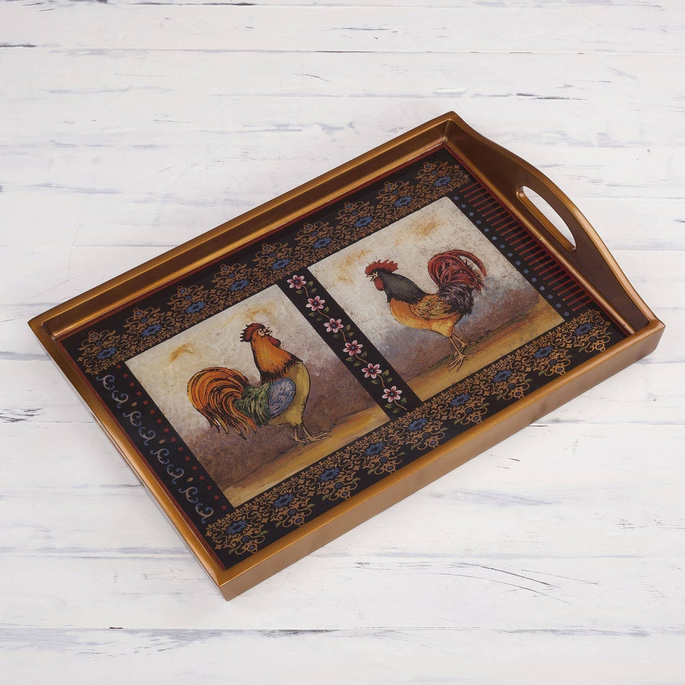 Handmade Crowing Roosters Reverse Painted Glass Tray (Peru) 2.4" H X 17.75" W - Diamond Home USA