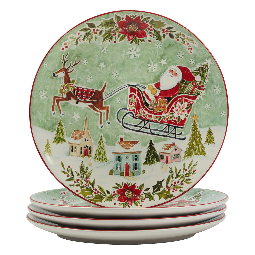 Joy Of Christmas 16 Piece Dinnerware Set Service For 4 Green Multi Color Red - Diamond Home USA