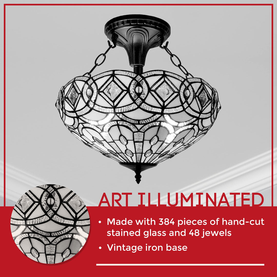 Amora Vintage Tiffany Style Ceiling Lamp - 16” x 17” White Jeweled Stained Glass - Diamond Home USA