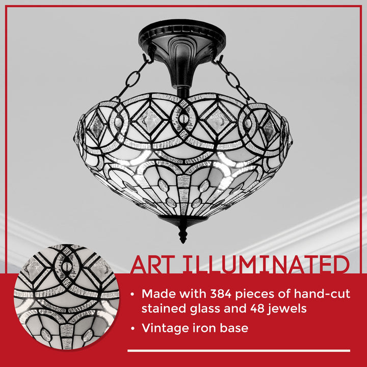 Amora Vintage Tiffany Style Ceiling Lamp - 16” x 17” White Jeweled Stained Glass - Diamond Home USA