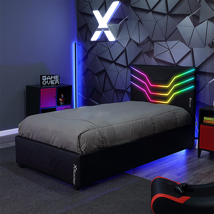 X Rocker Cosmos RGB LED Twin Size Platform Gaming Bed Frame Hardwood Slat Multi