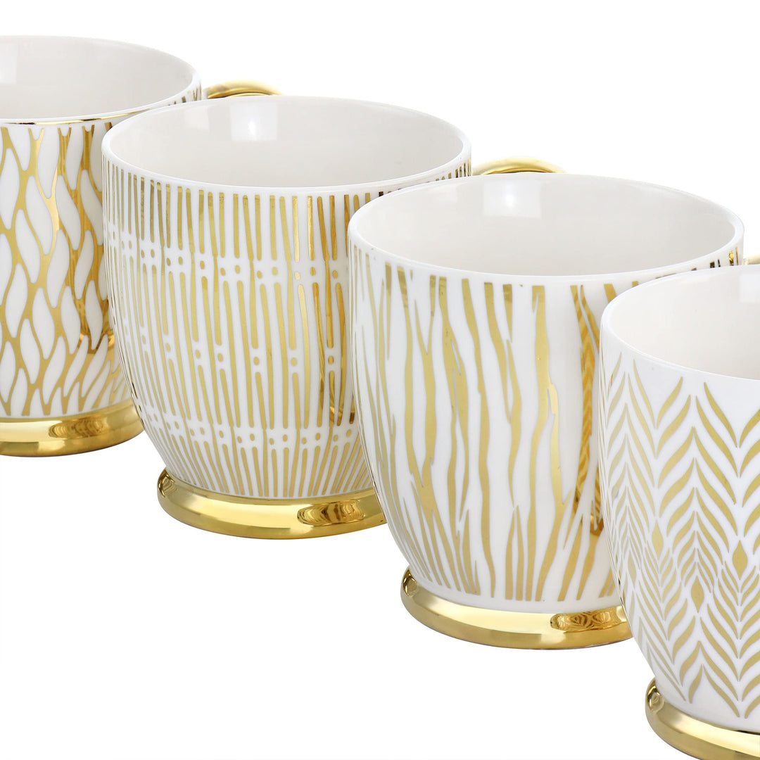 Gold 4 Piece 16.7oz Electroplated Fine Ceramic Mug Set Stripe Formal Round - Diamond Home USA