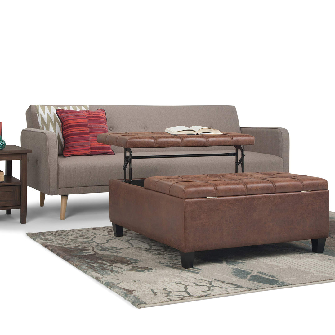 SIMPLIHOME Harrison 36 Inch Wide Square Table Lift Top Storage Ottoman Distressed