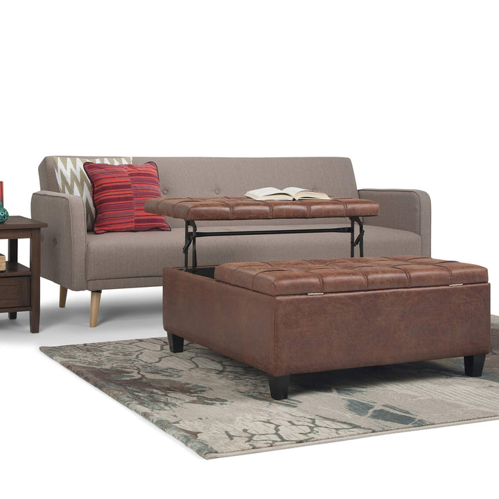 SIMPLIHOME Harrison 36 Inch Wide Square Table Lift Top Storage Ottoman Distressed