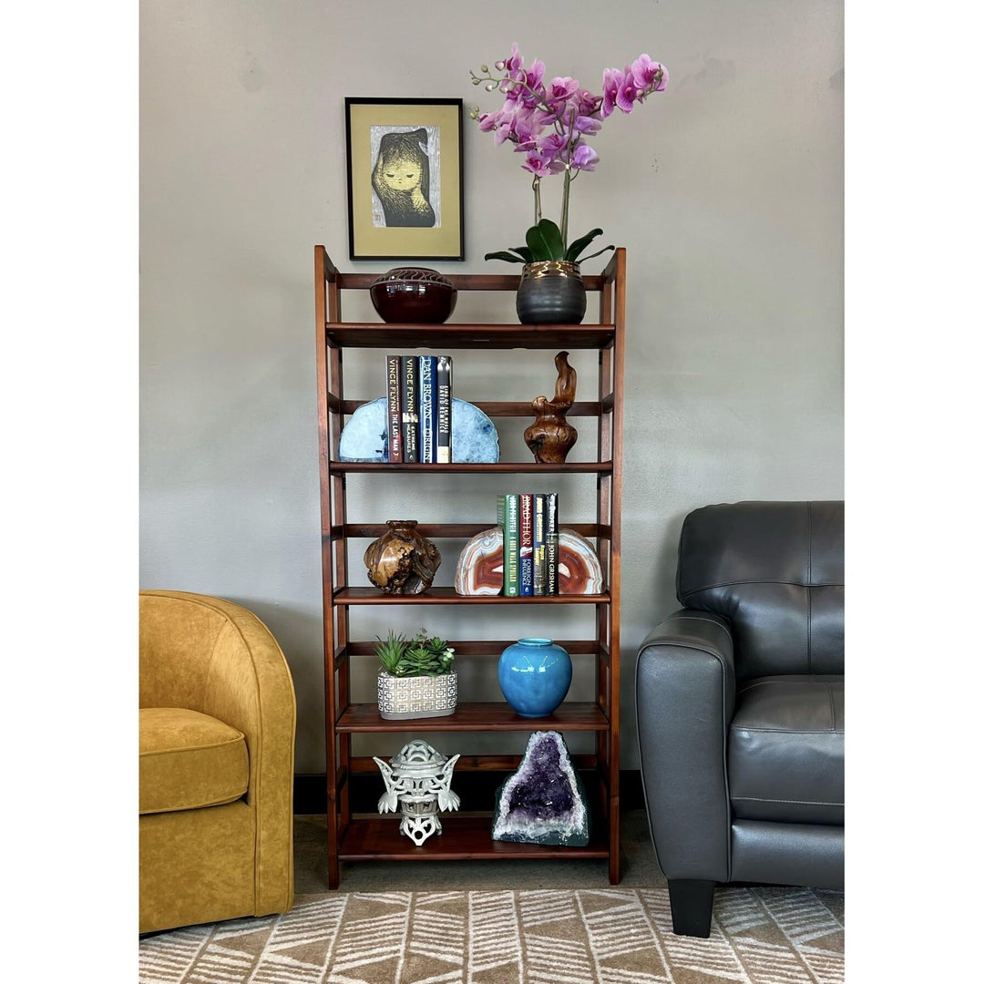 Solid Acacia 5 Tier Folding Bookcase Brown Mid-Century Modern Contemporary Mahogany - Diamond Home USA